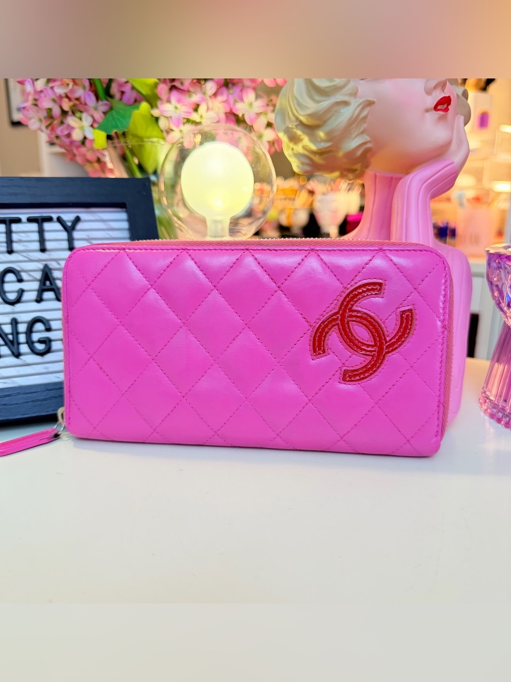 CHANEL Pink Quilted Zip Wallet with Red CC Accent